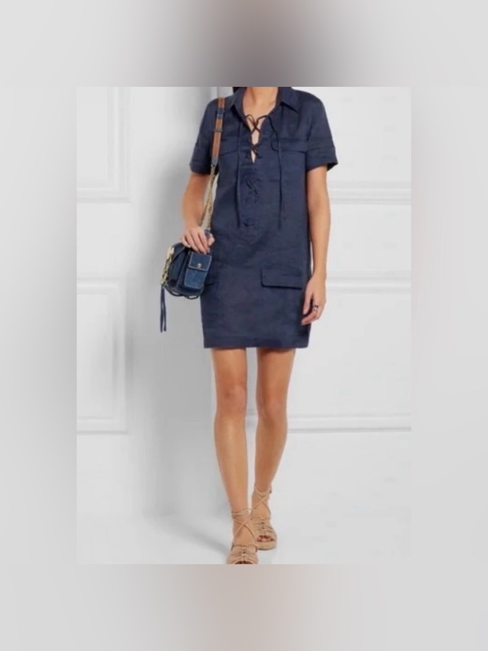 Equipment like New Navy Lace-Up Short Sleeve Mini Dress flap pockets, navy L - Picture 11 of 11